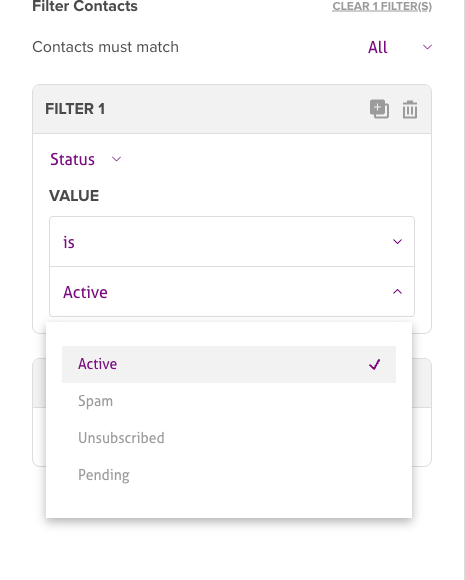 Contact filter set to Status, with the value list open showing Active, Spam, Unsubscribed, and Pending