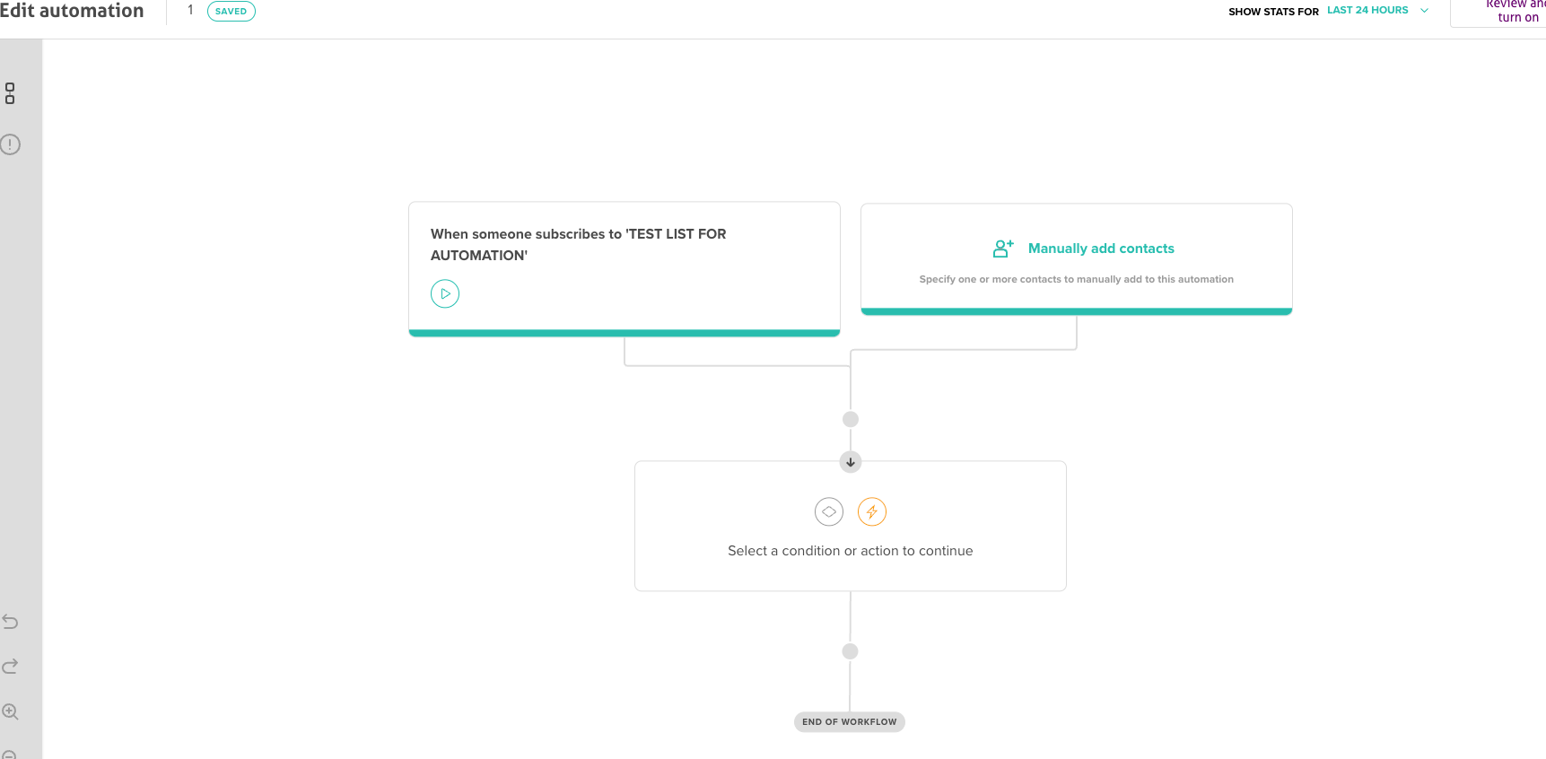 Automation workflow editor showing interconnected blocks