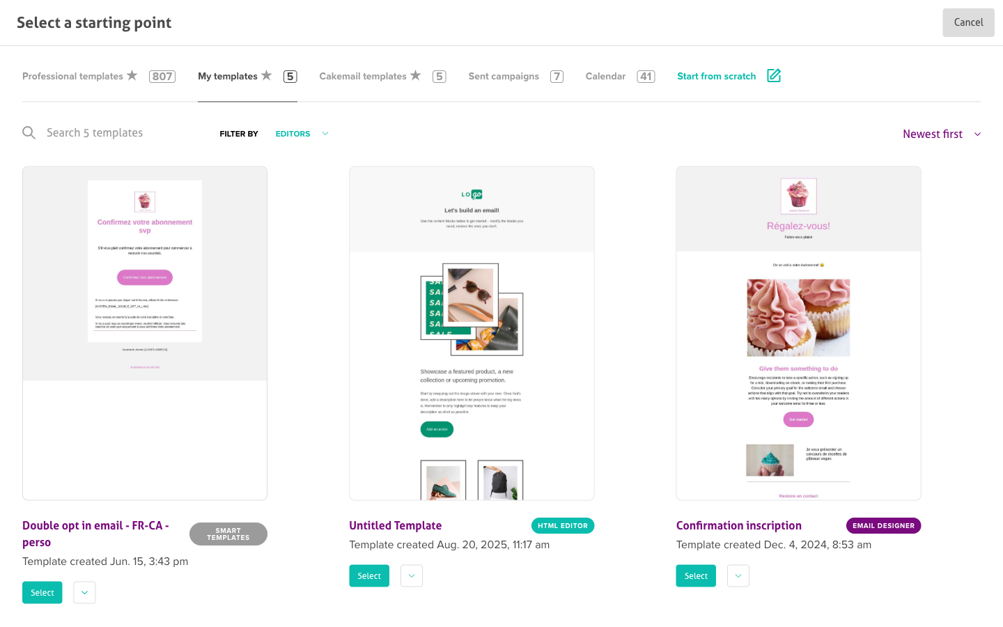 Campaign creation start screen, "Select a starting point", showing template categories: professional templates, your own templates, the platform's templates, sent campaigns, calendar, and start from scratch