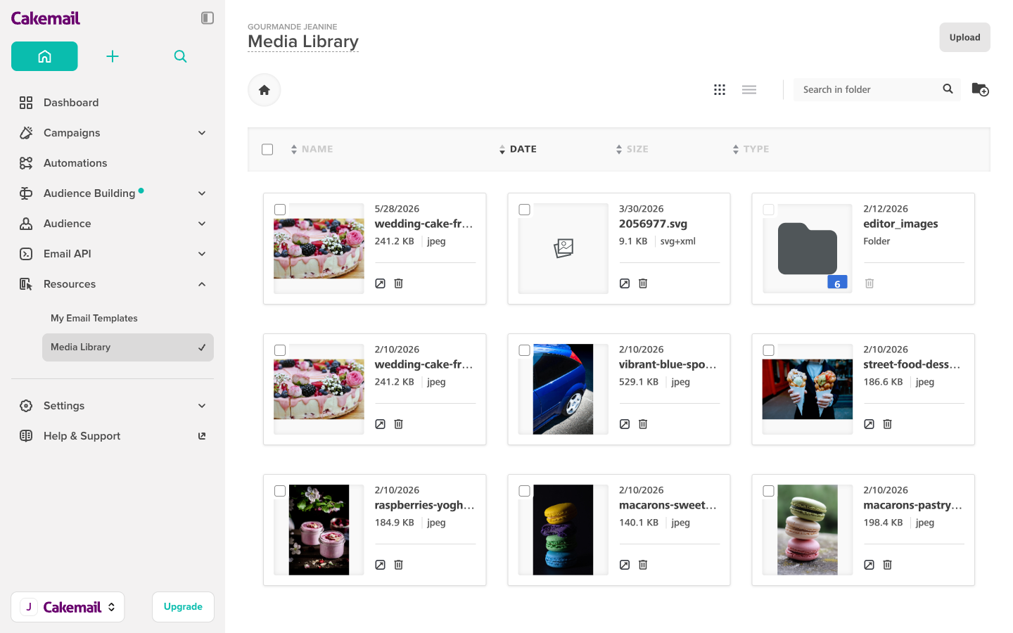Media Library showing uploaded files as thumbnails with the Upload button, search, and Name/Date/Size/Type columns
