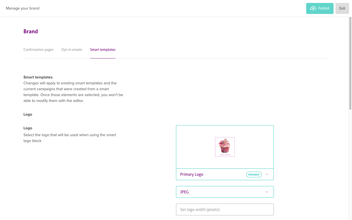 Brand Kit "Smart templates" tab, where you set the logo and brand colours applied automatically by smart templates