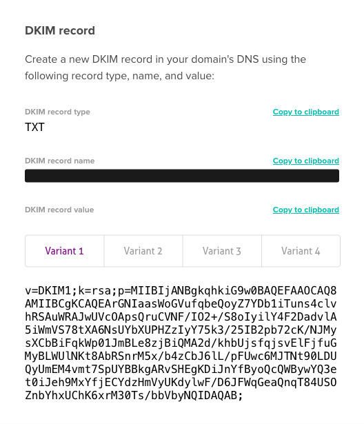DKIM record shown by the platform: record type, name, value, and four value variants with copy-to-clipboard buttons