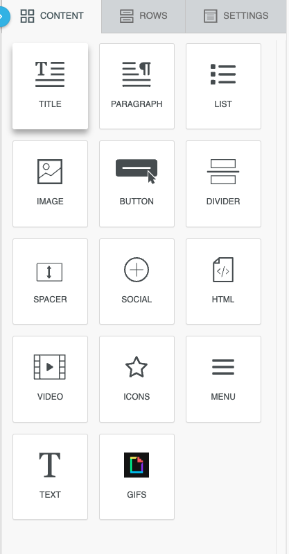 Palette de blocs de contenu montrant tous les éléments disponibles comme Titre, Paragraphe, Image, Bouton, etc.